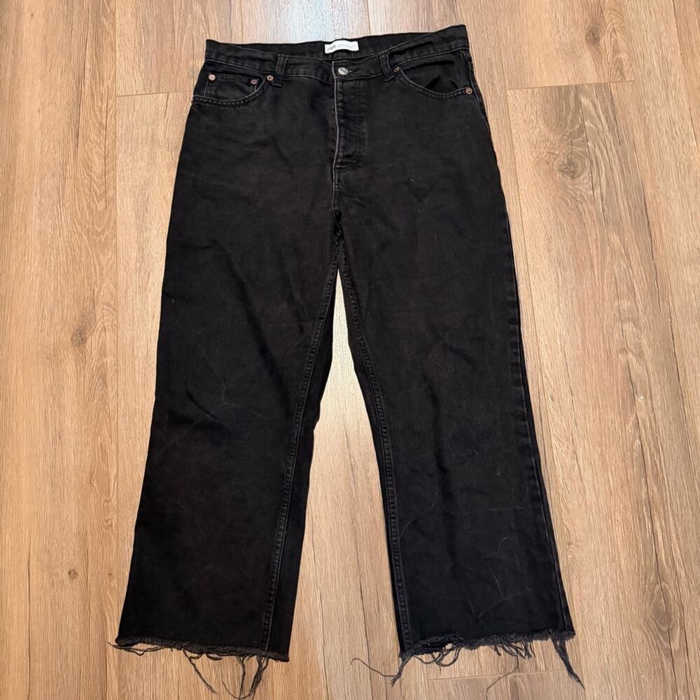 Zara Wide Leg Raw Hem High Rise Black Denim Jeans Women’s 10